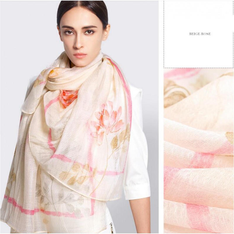 Wool Silk Scaves Beige Embroidery Women Summer Scarf